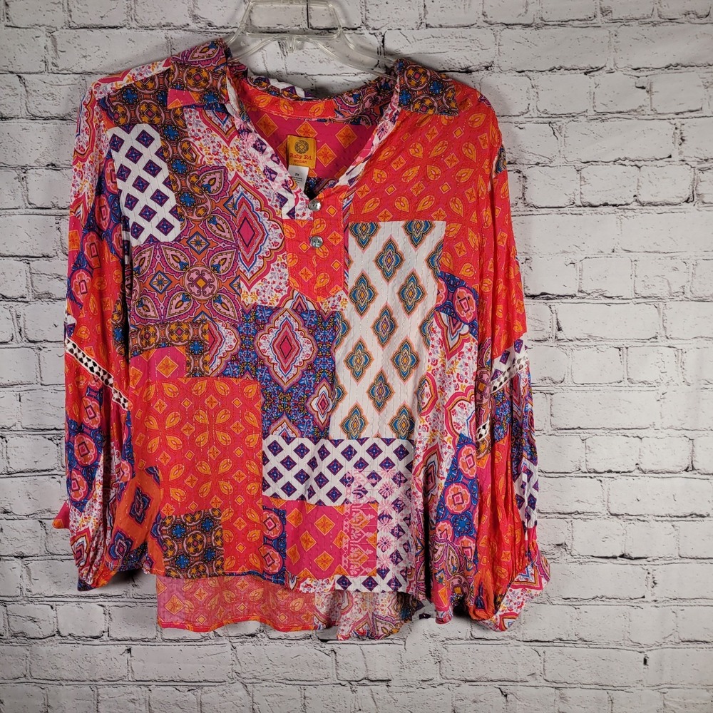 Ruby Rd Woman Blouse Womens 2X Pink Orange Patchwork Excellent Boho Henley 41243